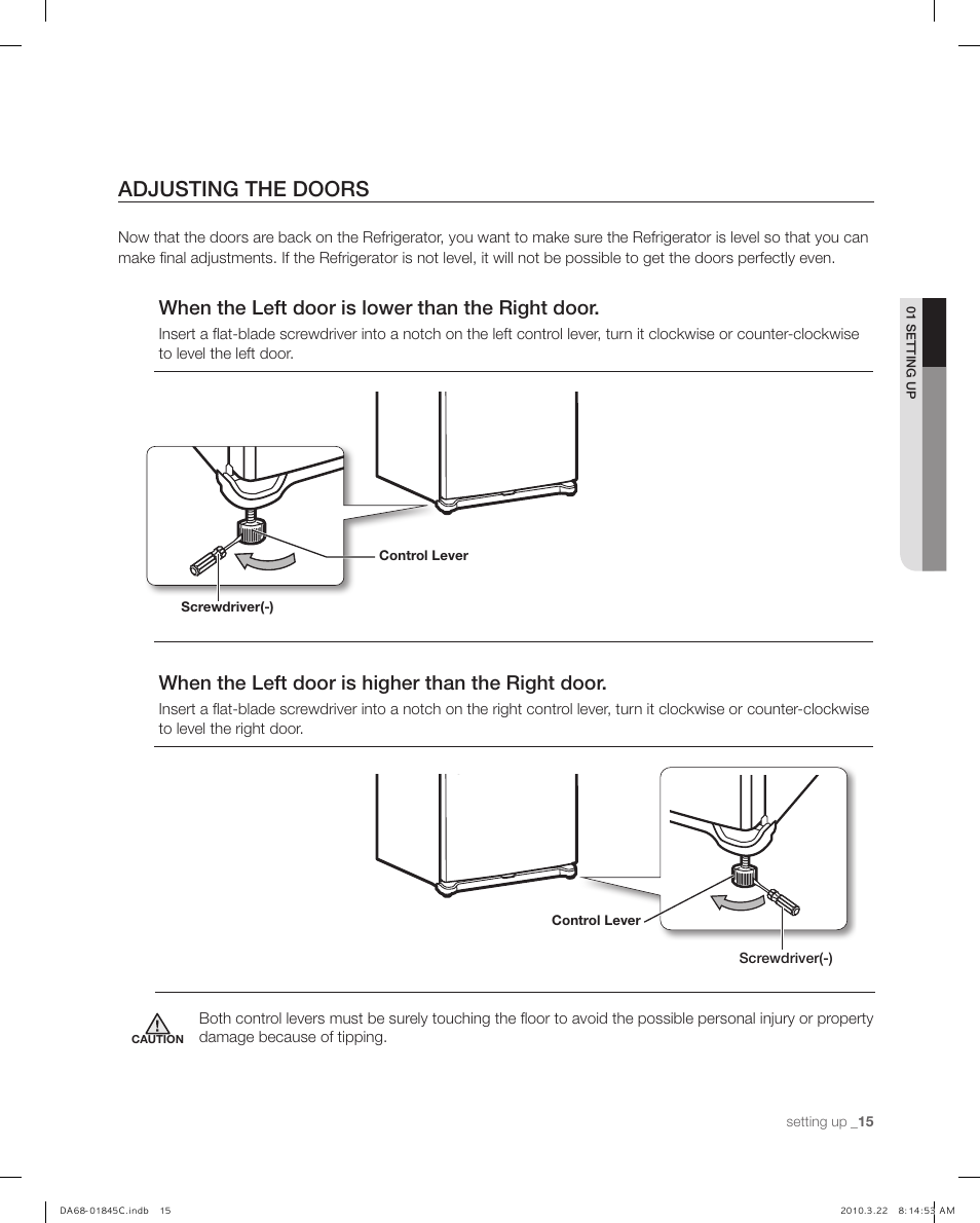 Adjusting the doors, When the left door is lower than the right door, When the left door is higher than the right door | Samsung RF195** User Manual | Page 15 / 34