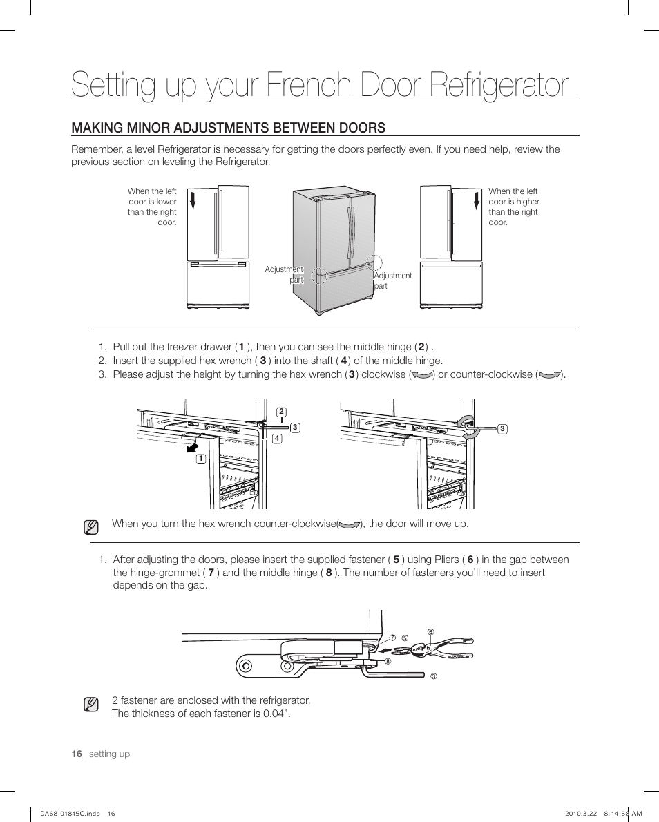 Making minor adjustments between doors, Setting up your french door refrigerator | Samsung RF195** User Manual | Page 16 / 34