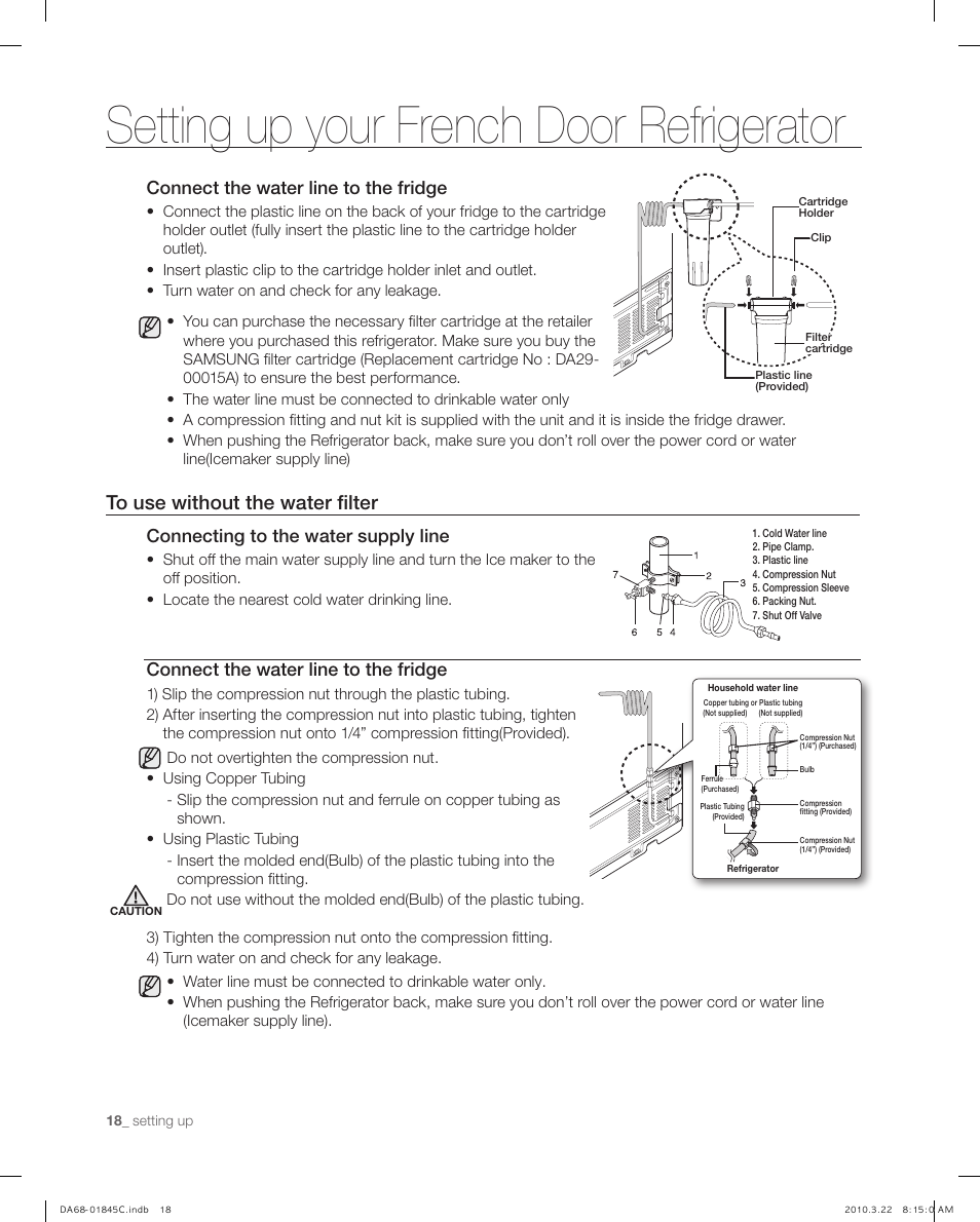 Setting up your french door refrigerator, Connect the water line to the fridge, Connecting to the water supply line | Samsung RF195** User Manual | Page 18 / 34