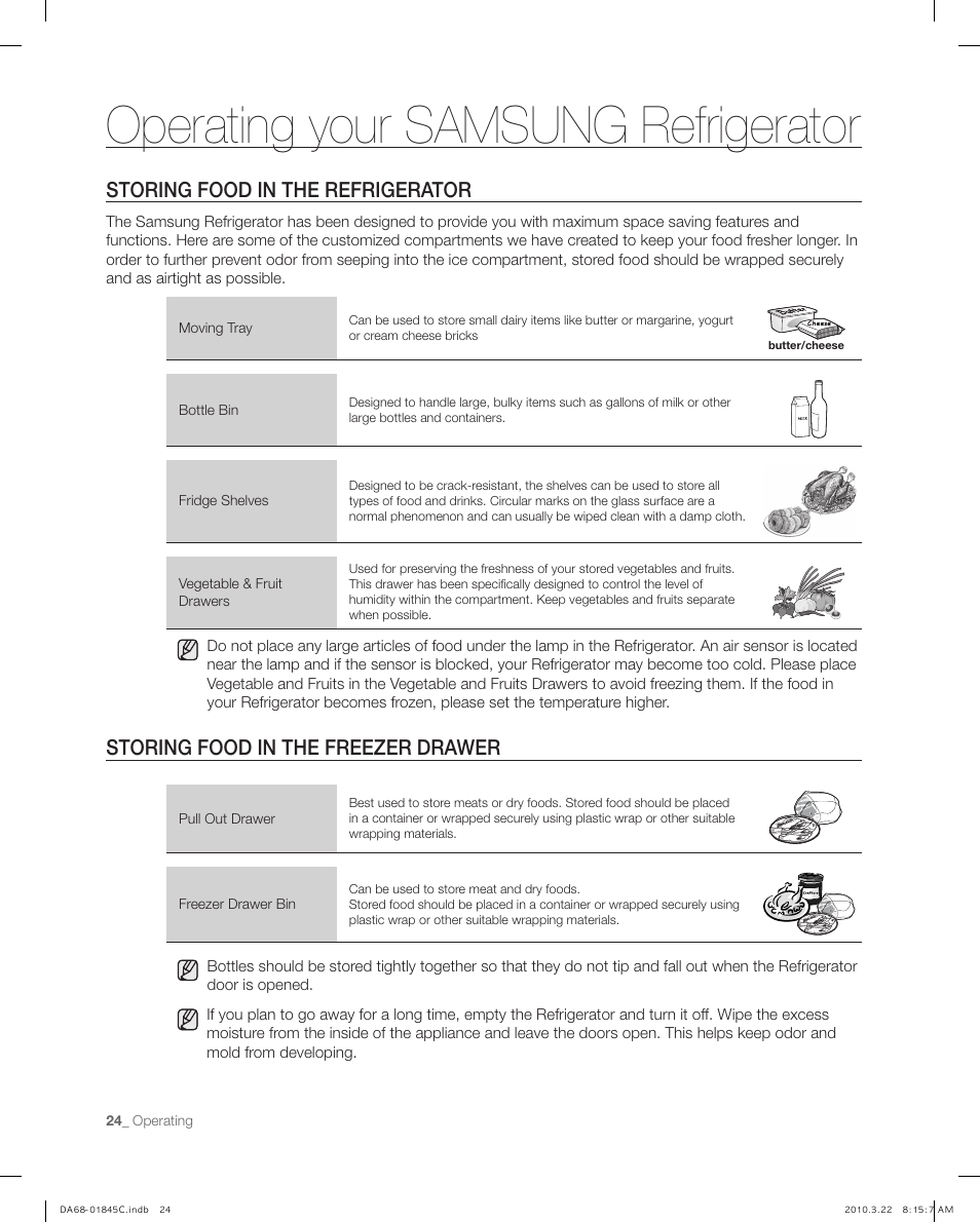 Storing food in the refrigerator, Storing food in the freezer drawer, Operating your samsung refrigerator | Samsung RF195** User Manual | Page 24 / 34