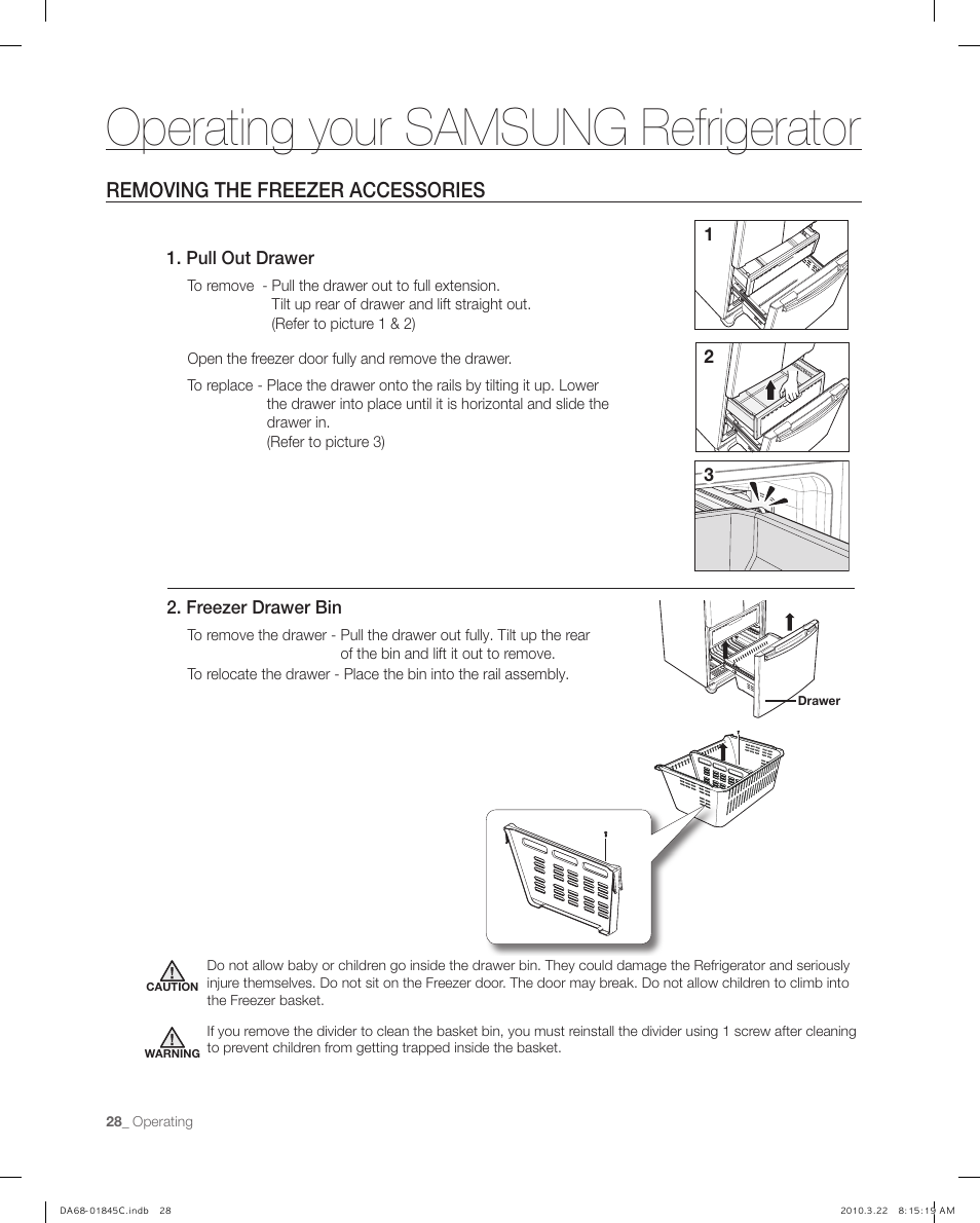 Removing the freezer accessories, Operating your samsung refrigerator | Samsung RF195** User Manual | Page 28 / 34