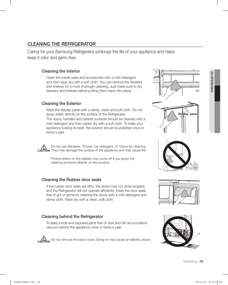 Cleaning the refrigerator, Cleaning the interior, Cleaning the rubber door seals | Cleaning behind the refrigerator, Cleaning the exterior | Samsung RF195** User Manual | Page 29 / 34
