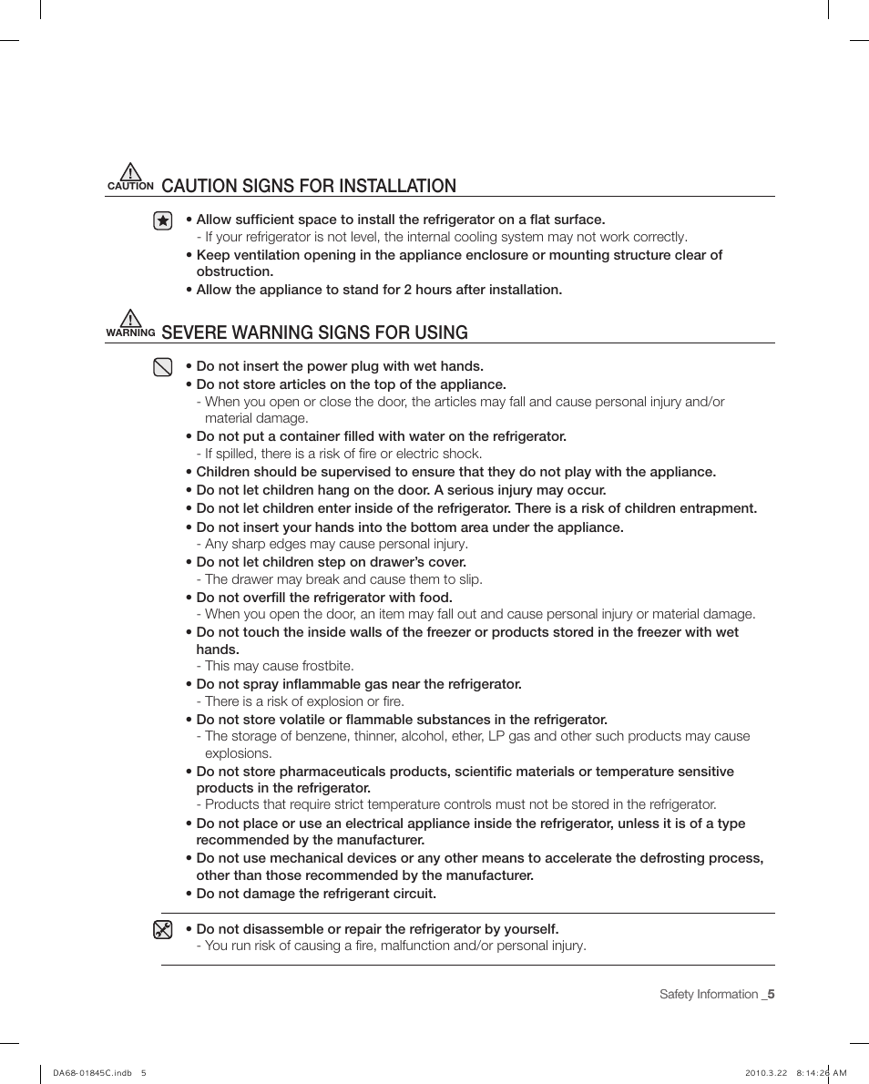 Caution signs for instalation, Severe warning signs for using, Caution signs for installation | Samsung RF195** User Manual | Page 5 / 34