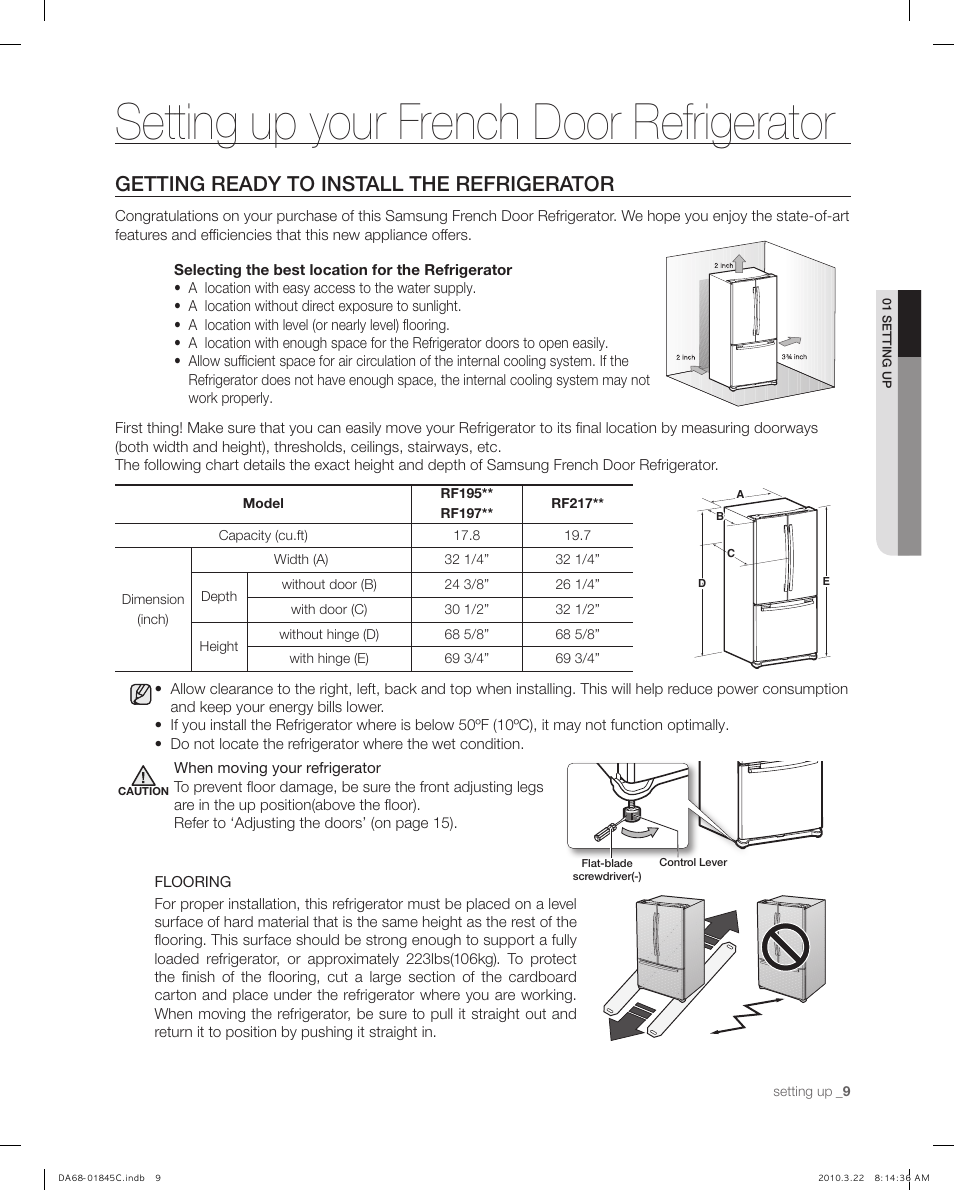 Setting up your french door refrigerator, Getting ready to install the refrigerator | Samsung RF195** User Manual | Page 9 / 34