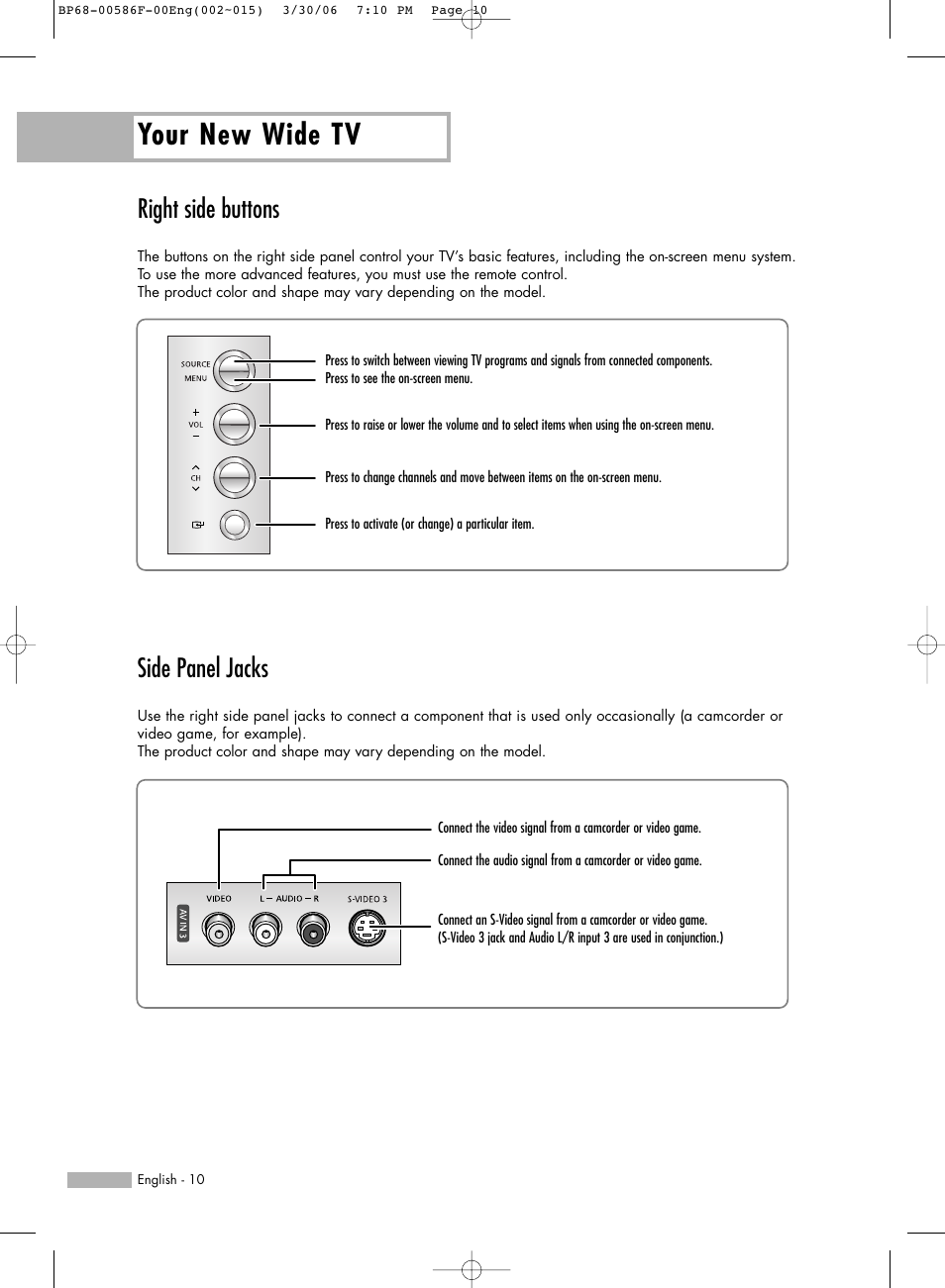 Right side buttons, Side panel jacks, Your new wide tv | Samsung HL-S6165W User Manual | Page 10 / 120