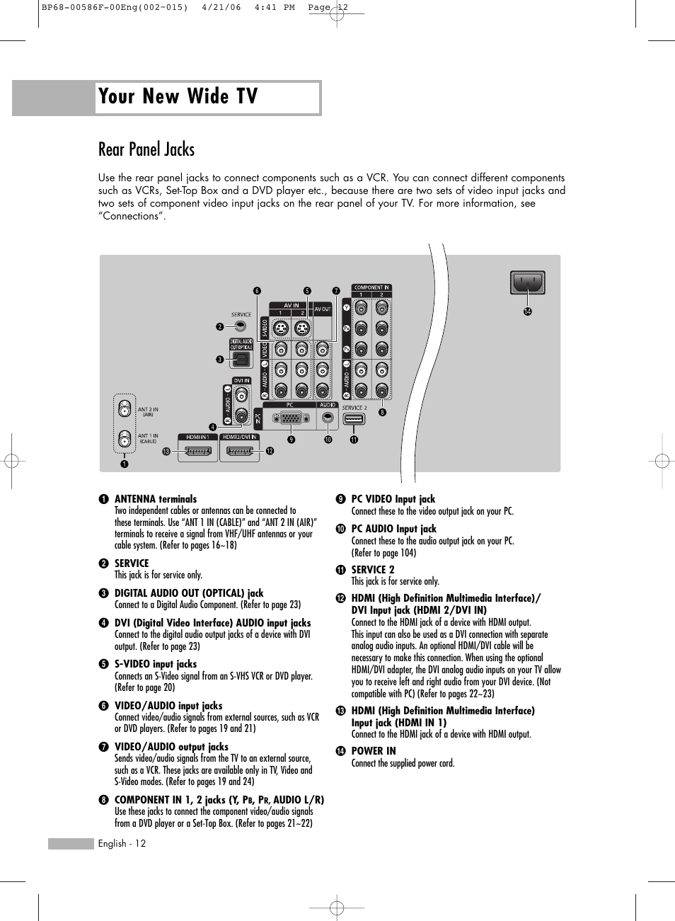 Rear panel jacks, Your new wide tv | Samsung HL-S6165W User Manual | Page 12 / 120