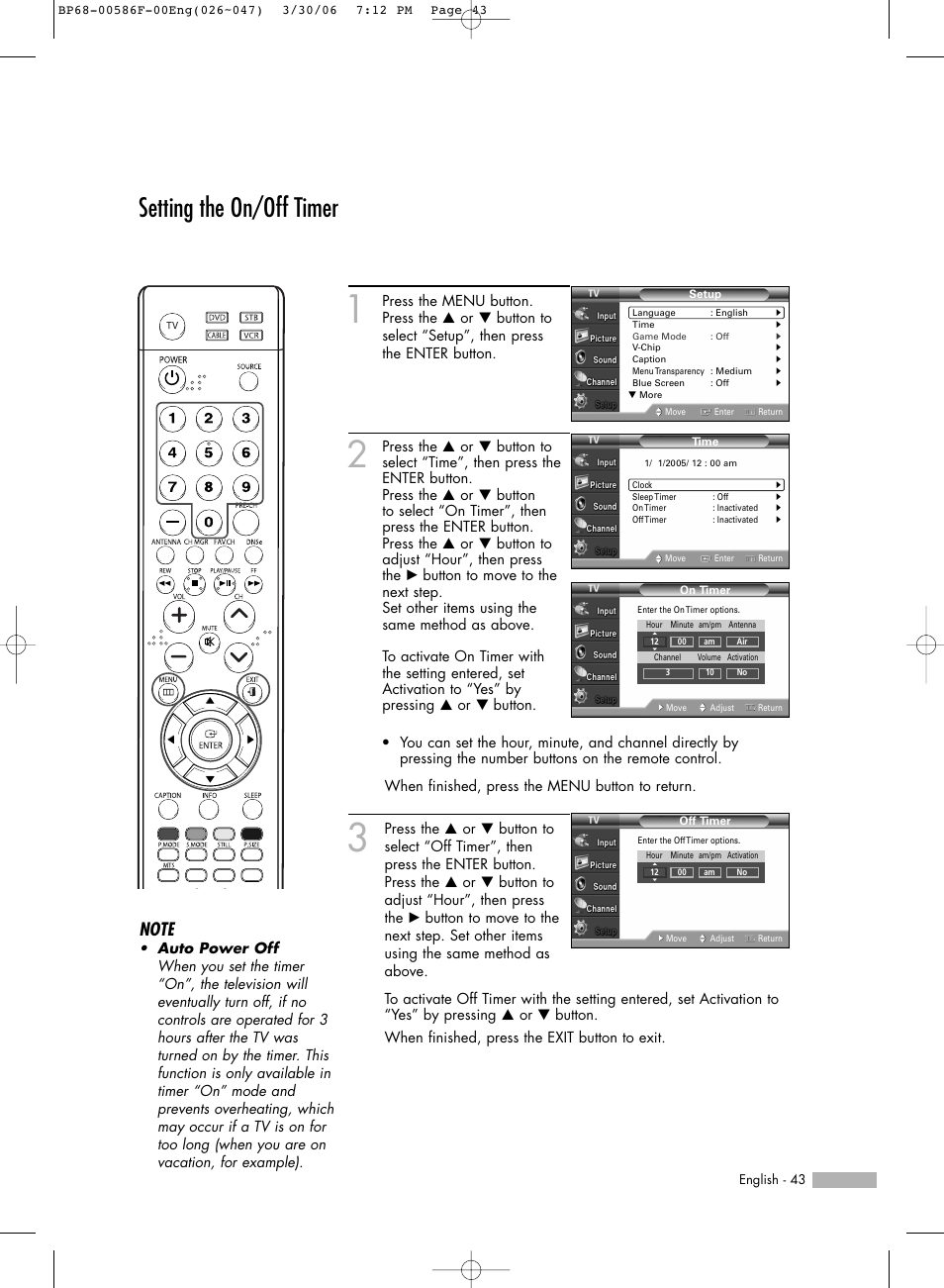 Setting the on/off timer | Samsung HL-S6165W User Manual | Page 43 / 120