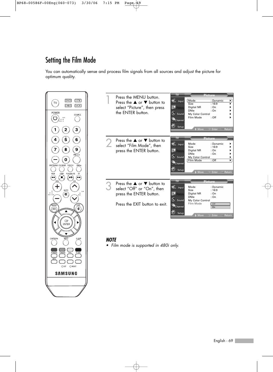 Setting the film mode | Samsung HL-S6165W User Manual | Page 69 / 120