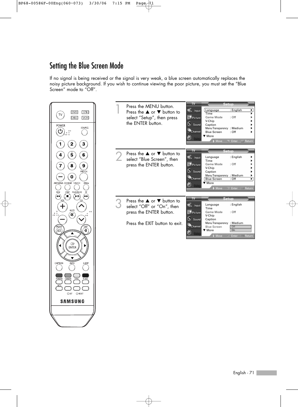 Setting the blue screen mode | Samsung HL-S6165W User Manual | Page 71 / 120