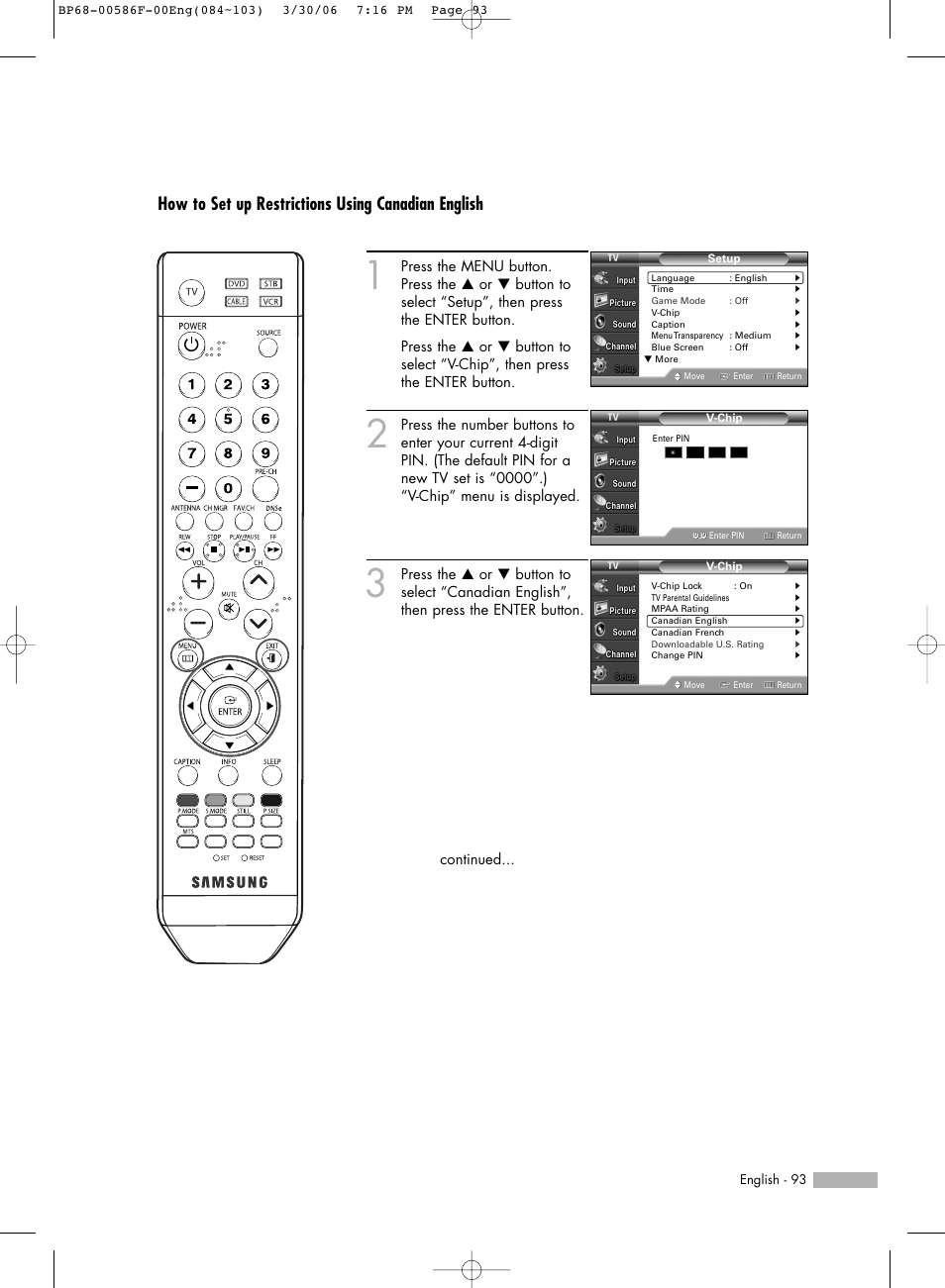 How to set up restrictions using canadian english | Samsung HL-S6165W User Manual | Page 93 / 120