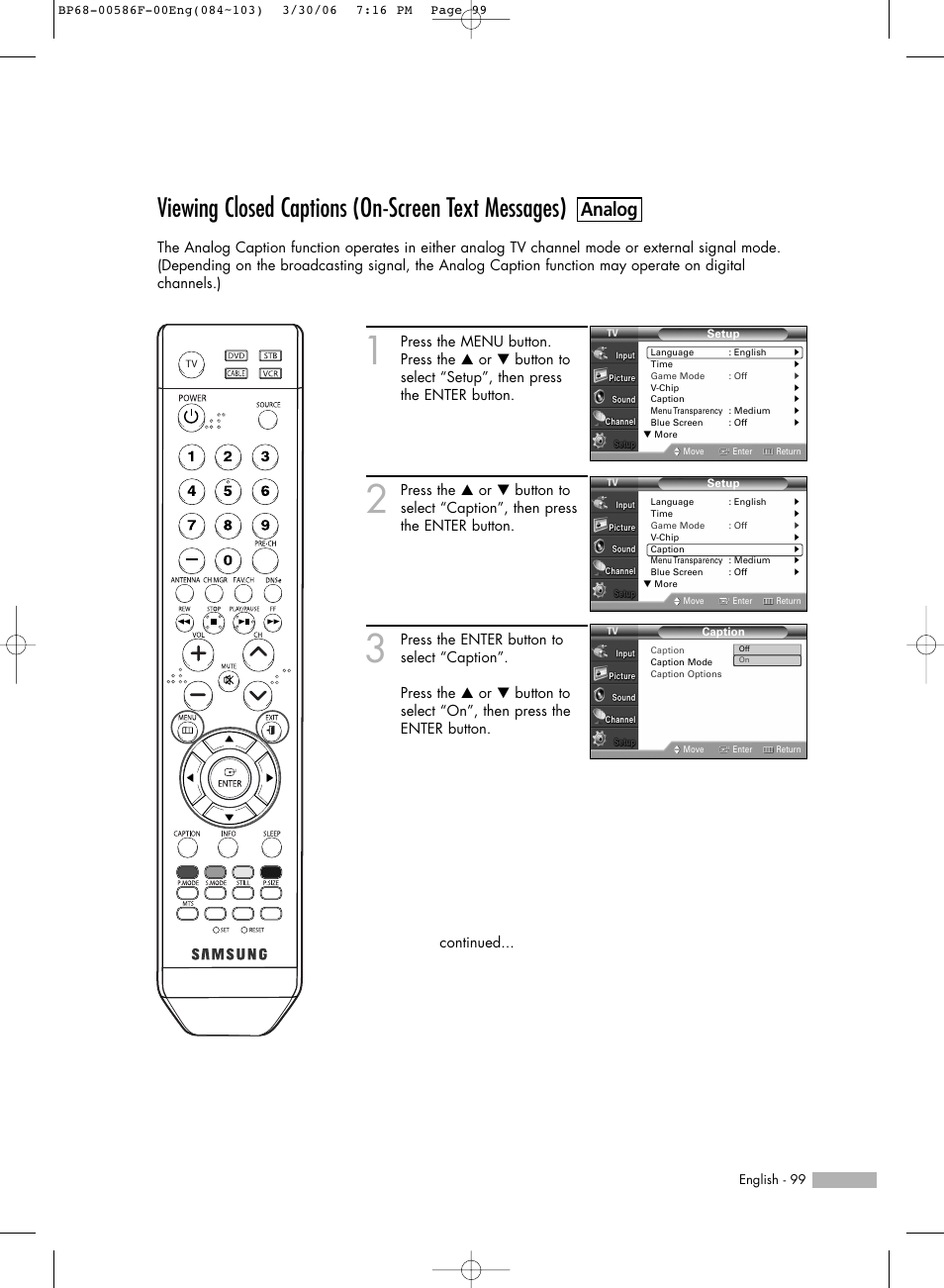 Viewing closed captions (on-screen text messages), Analog | Samsung HL-S6165W User Manual | Page 99 / 120