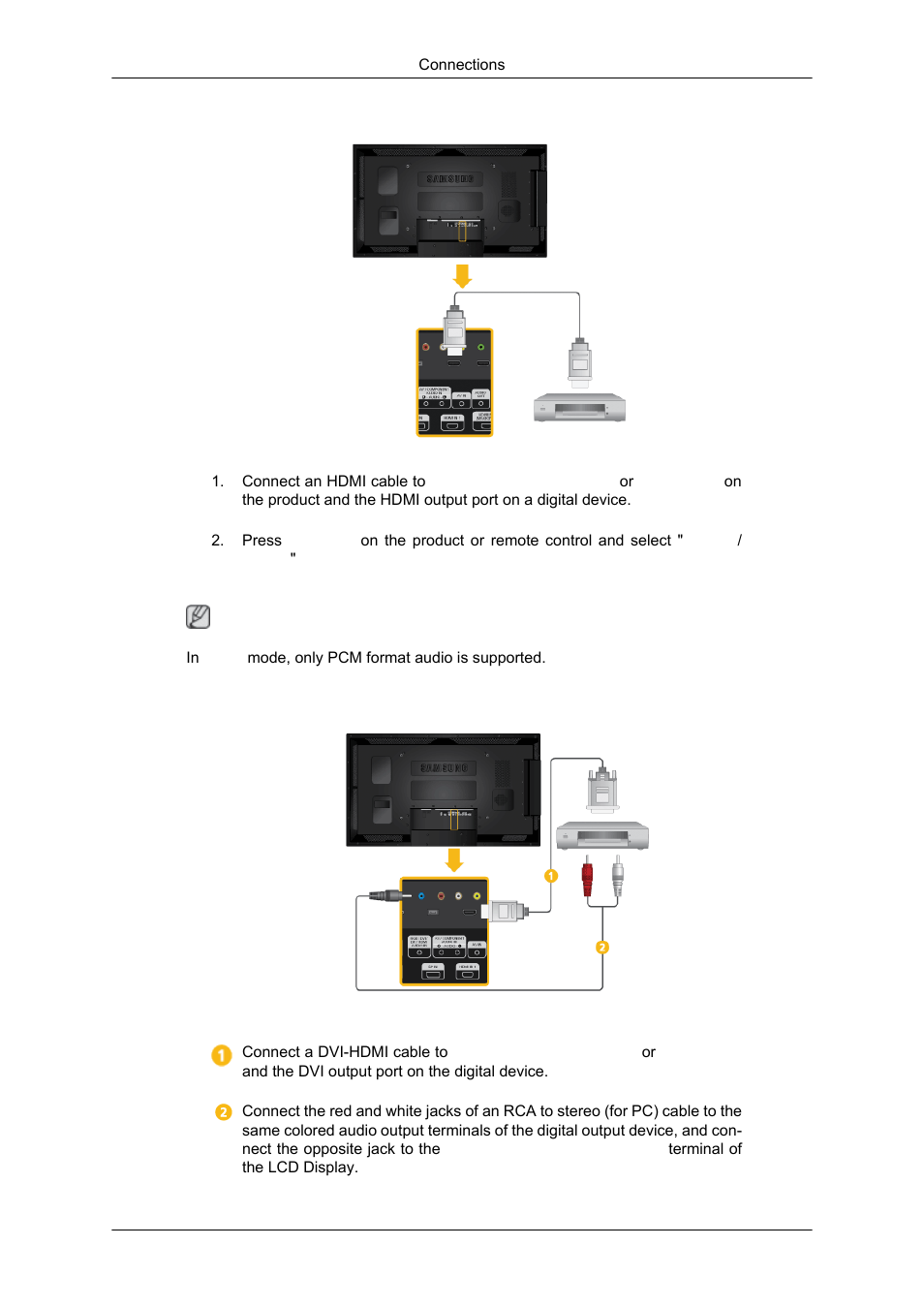 Connecting using a hdmi cable, Connecting using a dvi to hdmi cable | Samsung 550DX User Manual | Page 18 / 28