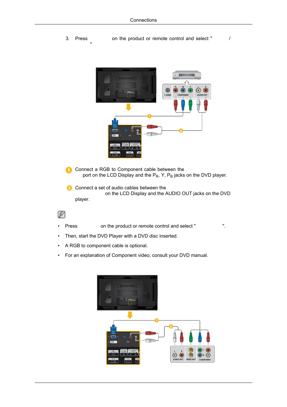 Connecting a dvd player, Connecting a dtv set top (cable/satellite) box | Samsung 550DX User Manual | Page 19 / 28