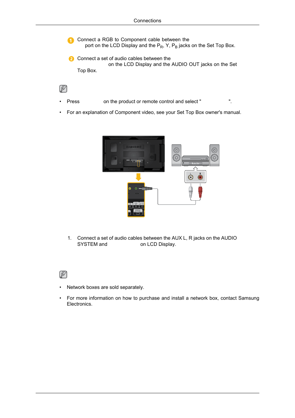 Connecting to an audio system, Connecting a network box (sold separately) | Samsung 550DX User Manual | Page 20 / 28