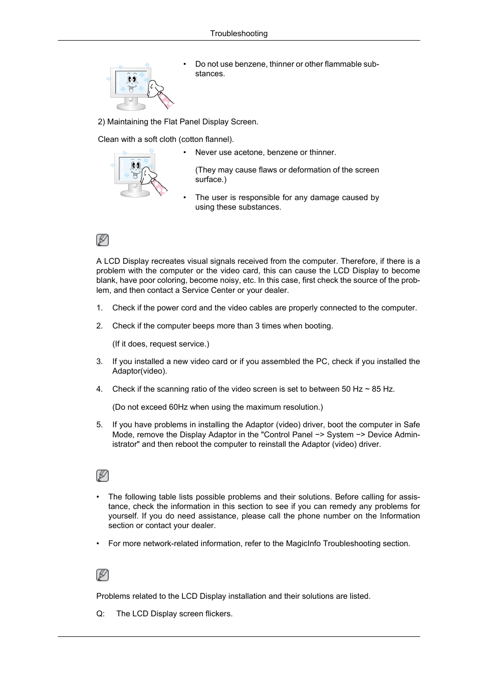 Symptoms and recommended actions, Check list, Problems related to the installation (pc mode) | Samsung 550DX User Manual | Page 24 / 28