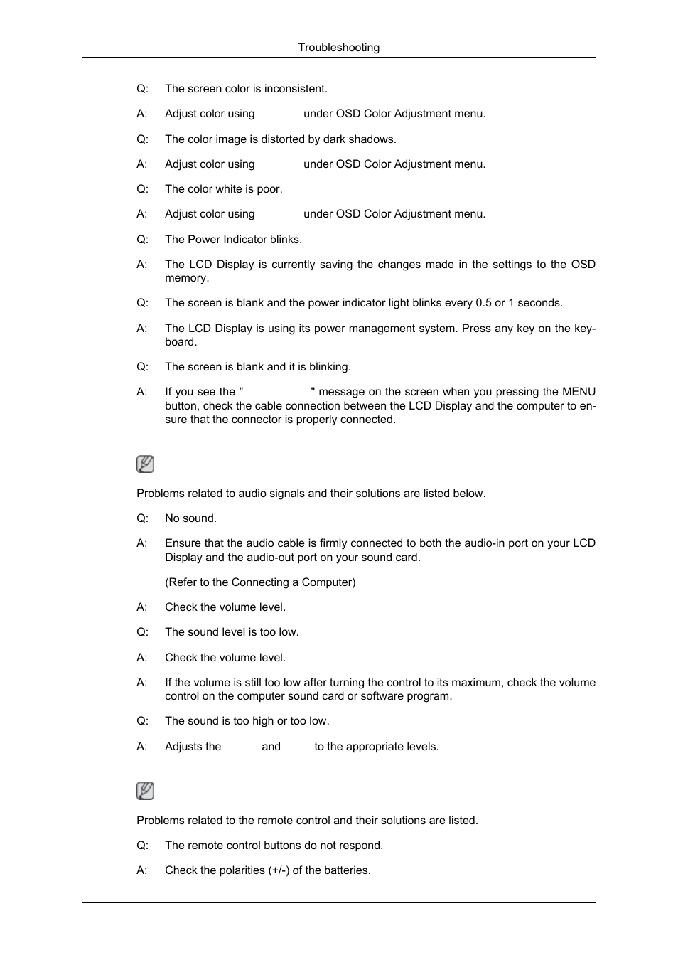 Problems related to audio, Problems related to the remote control | Samsung 550DX User Manual | Page 26 / 28