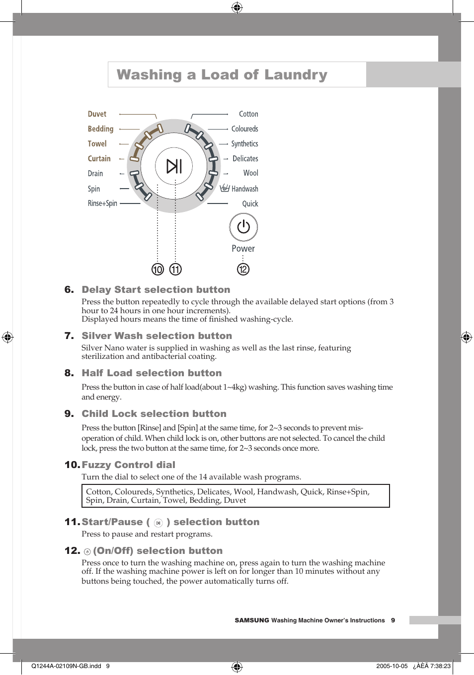 Washing a load of laundry | Samsung Q1244A User Manual | Page 11 / 24