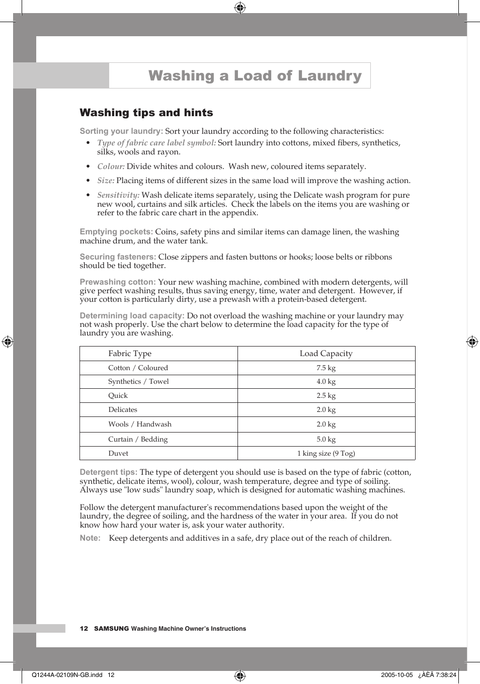 Washing tips and hints, Washing a load of laundry | Samsung Q1244A User Manual | Page 14 / 24
