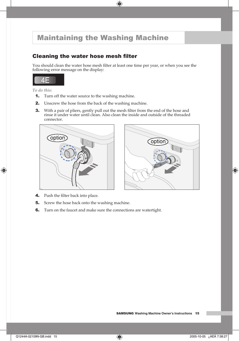 Cleaning the water hose mesh filter, Maintaining the washing machine, Cleaning the water hose mesh ﬁlter | Samsung Q1244A User Manual | Page 17 / 24