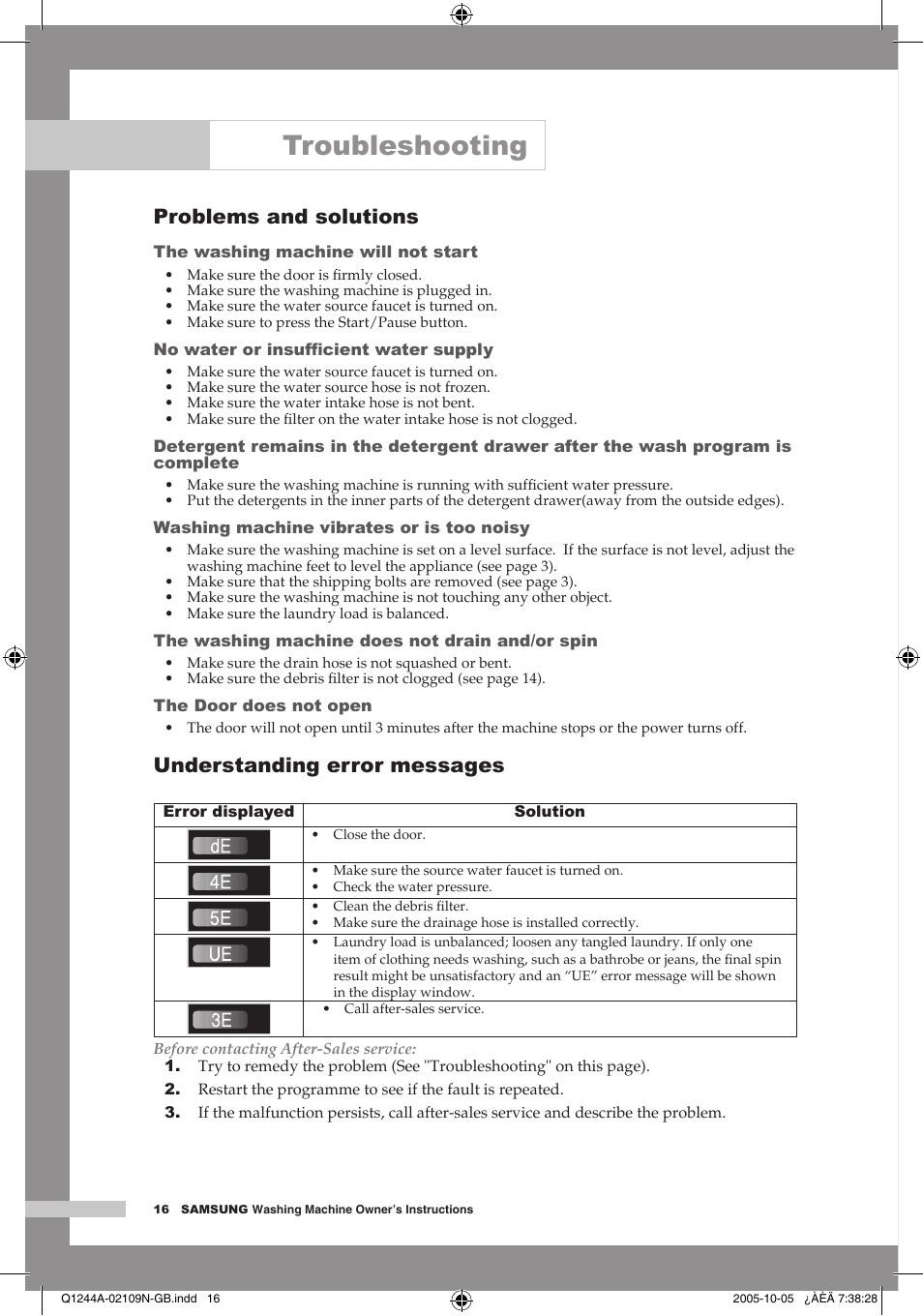 Troubleshooting, Problems and solutions, Understanding error messages | Samsung Q1244A User Manual | Page 18 / 24