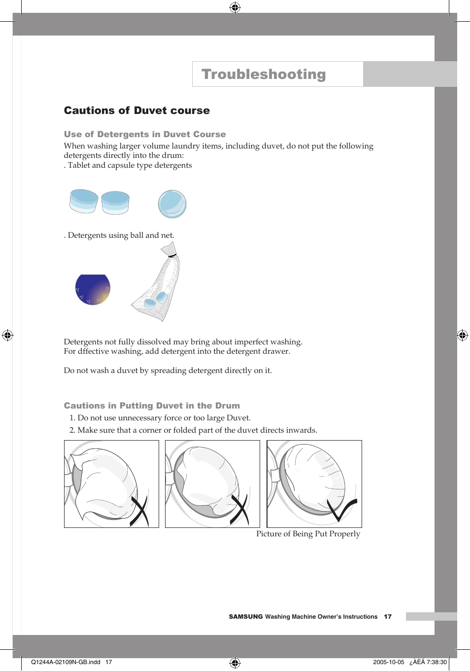 Cautions of duvet course, Troubleshooting | Samsung Q1244A User Manual | Page 19 / 24