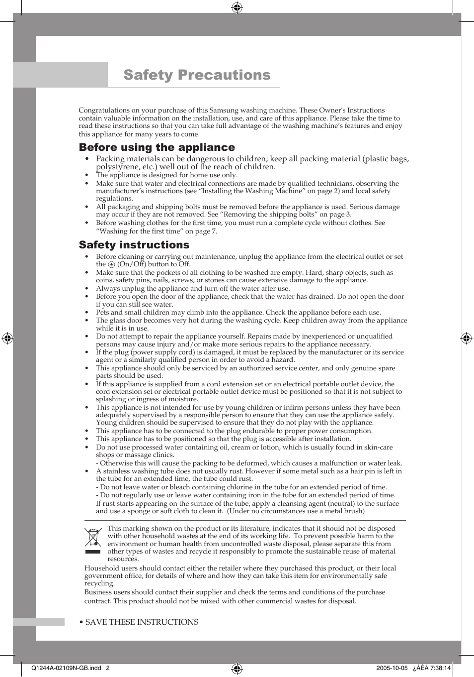 Safety precautions, Before using the appliance, Safety instructions | Samsung Q1244A User Manual | Page 2 / 24