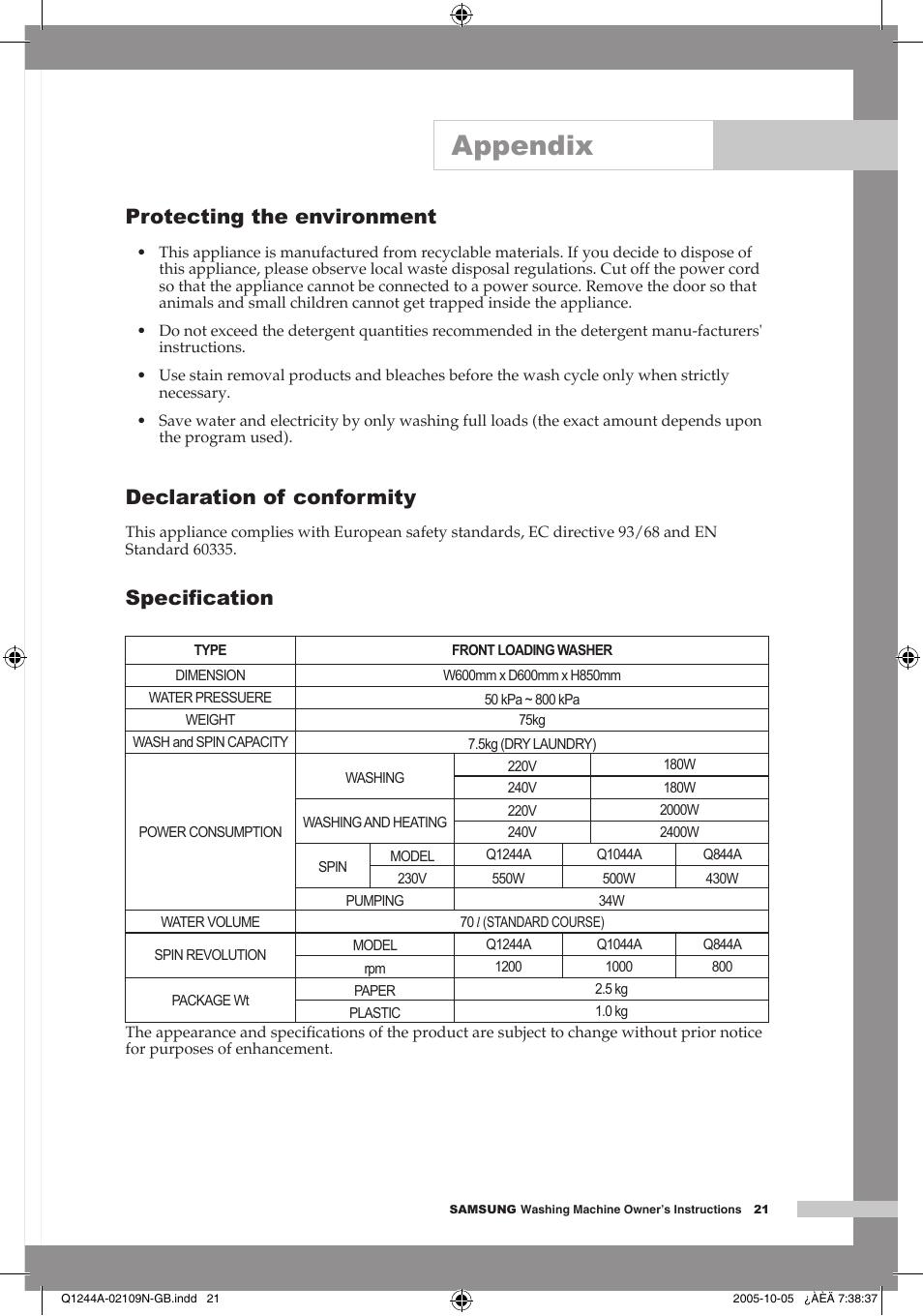 Specification, Appendix, Protecting the environment | Declaration of conformity, Speciﬁcation | Samsung Q1244A User Manual | Page 23 / 24