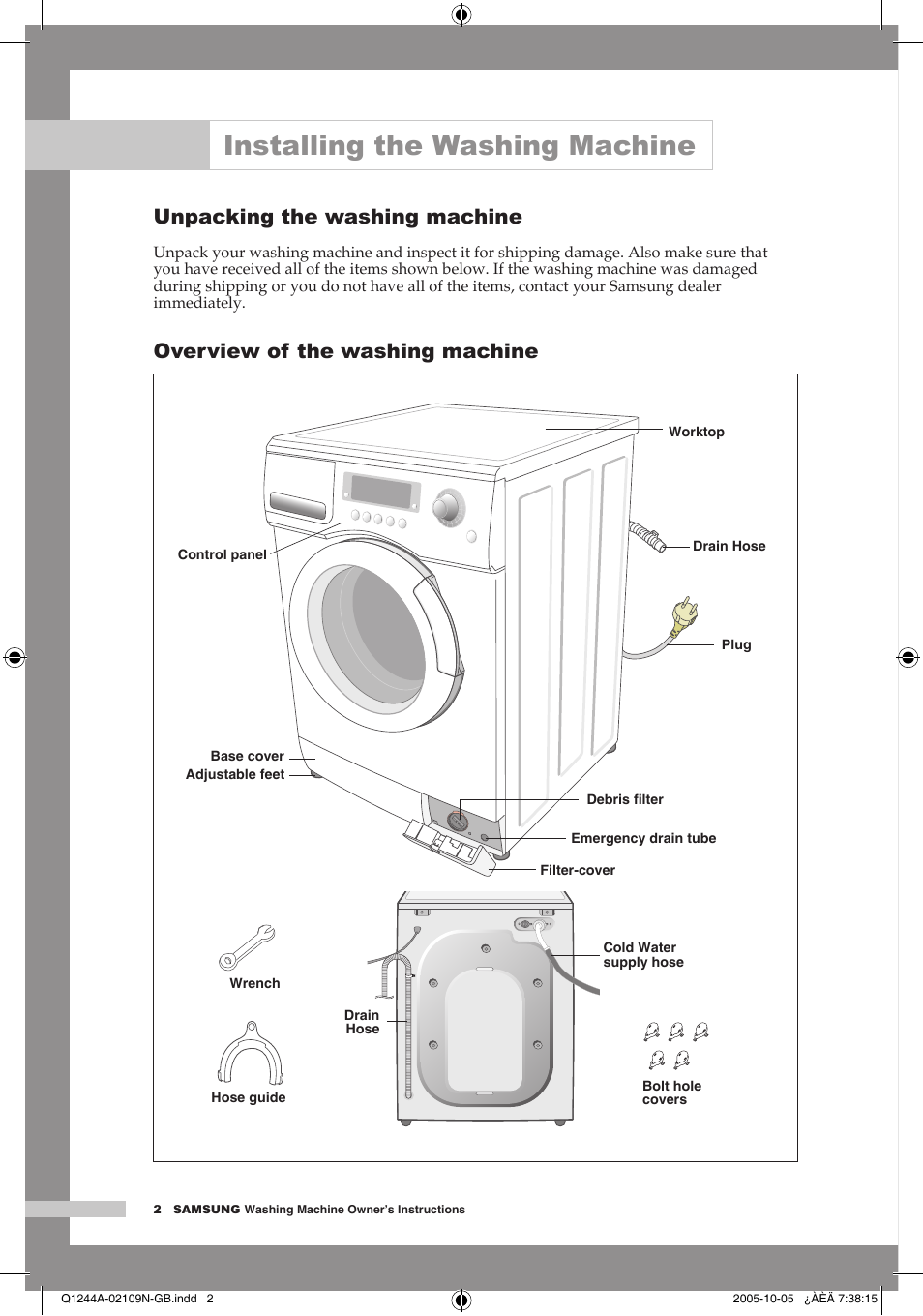 Installing the washing machine, Unpacking the washing machine, Overview of the washing machine | Samsung Q1244A User Manual | Page 4 / 24