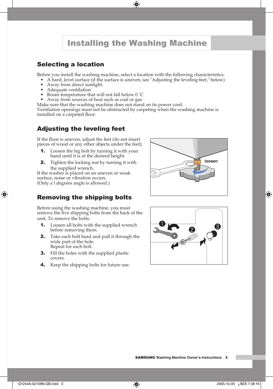Selecting a location, Adjusting the leveling feet, Removing the shipping bolts | Installing the washing machine | Samsung Q1244A User Manual | Page 5 / 24