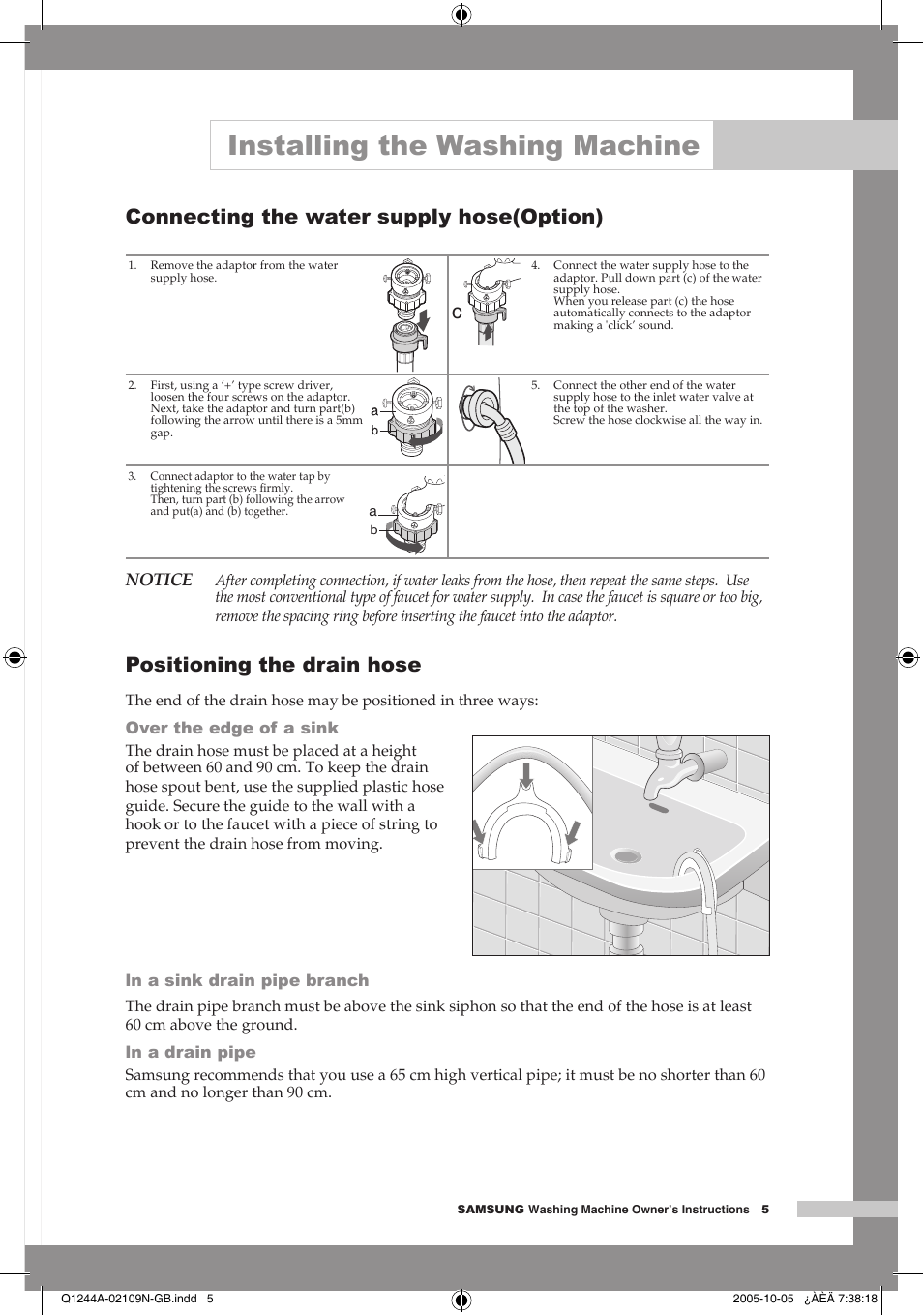 Connecting the water supply hose(option), Positioning the drain hose, Installing the washing machine | Notice | Samsung Q1244A User Manual | Page 7 / 24