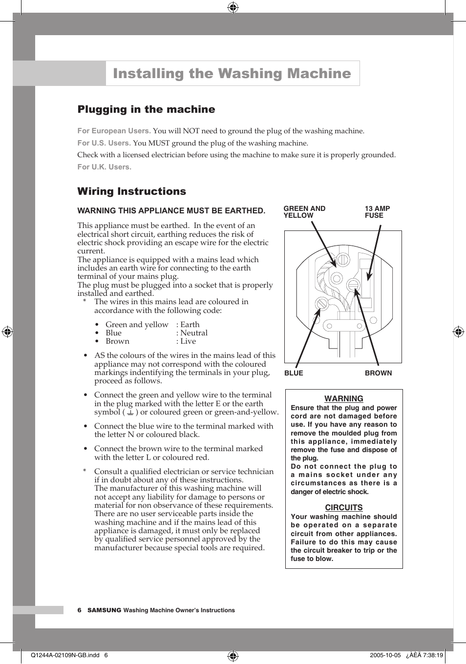Plugging in the machine, Installing the washing machine, Wiring lnstructions | Samsung Q1244A User Manual | Page 8 / 24