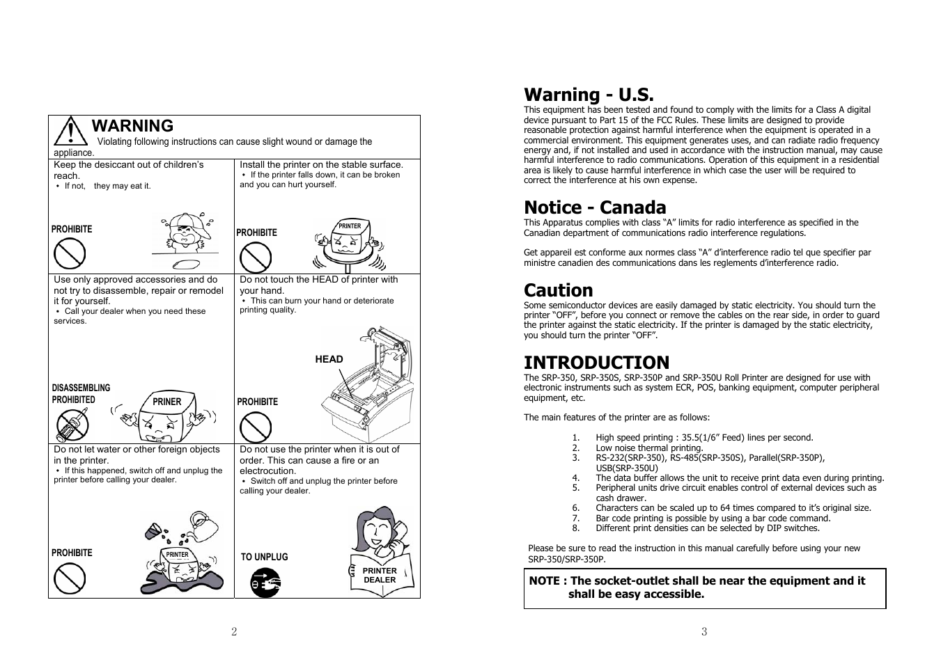 Warning - u.s, Notice - canada, Caution | Introduction, Warning | Samsung SRP-350 User Manual | Page 2 / 30