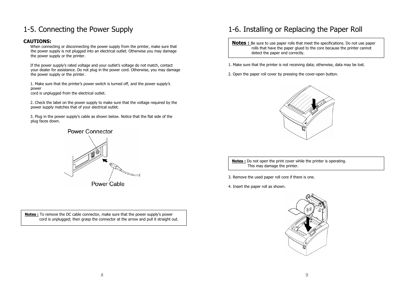 5. connecting the power supply, 6. installing or replacing the paper roll | Samsung SRP-350 User Manual | Page 5 / 30