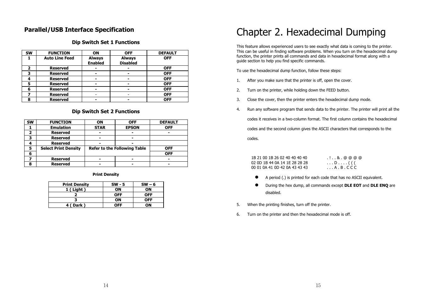 Chapter 2. hexadecimal dumping, Parallel/usb interface specification | Samsung SRP-350 User Manual | Page 8 / 30