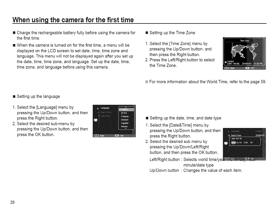 When using the camera for the first time, Time, When using the camera for the first | Samsung AQ 1O0 User Manual | Page 21 / 105