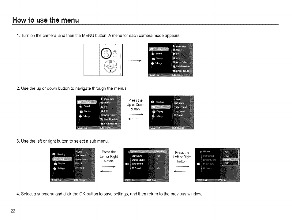 How to use the menu | Samsung AQ 1O0 User Manual | Page 23 / 105