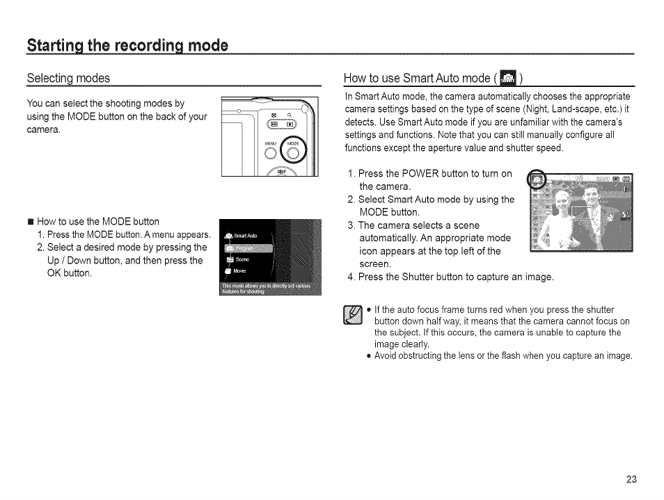Starting the recording mode | Samsung AQ 1O0 User Manual | Page 24 / 105