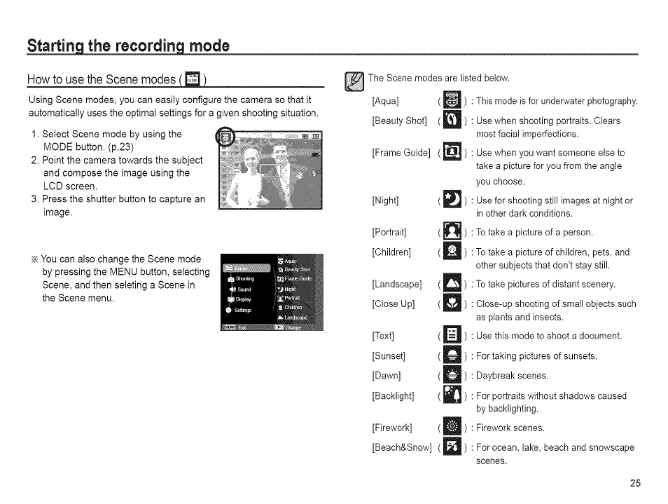 Starting the recording mode, How to use the scene modes | Samsung AQ 1O0 User Manual | Page 26 / 105