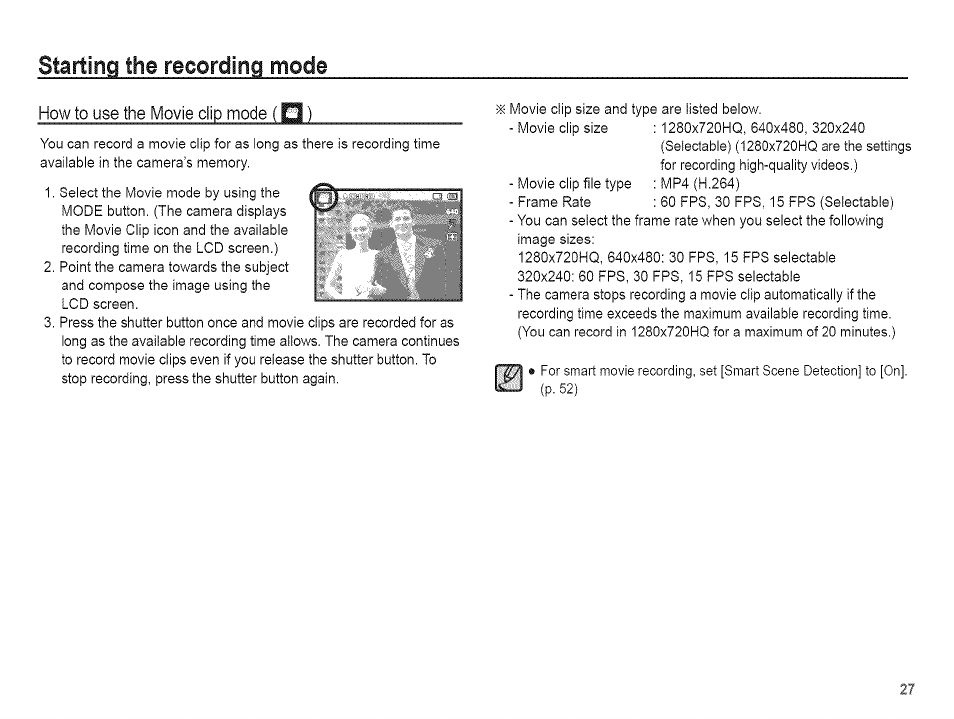 Starting the recording mode | Samsung AQ 1O0 User Manual | Page 28 / 105