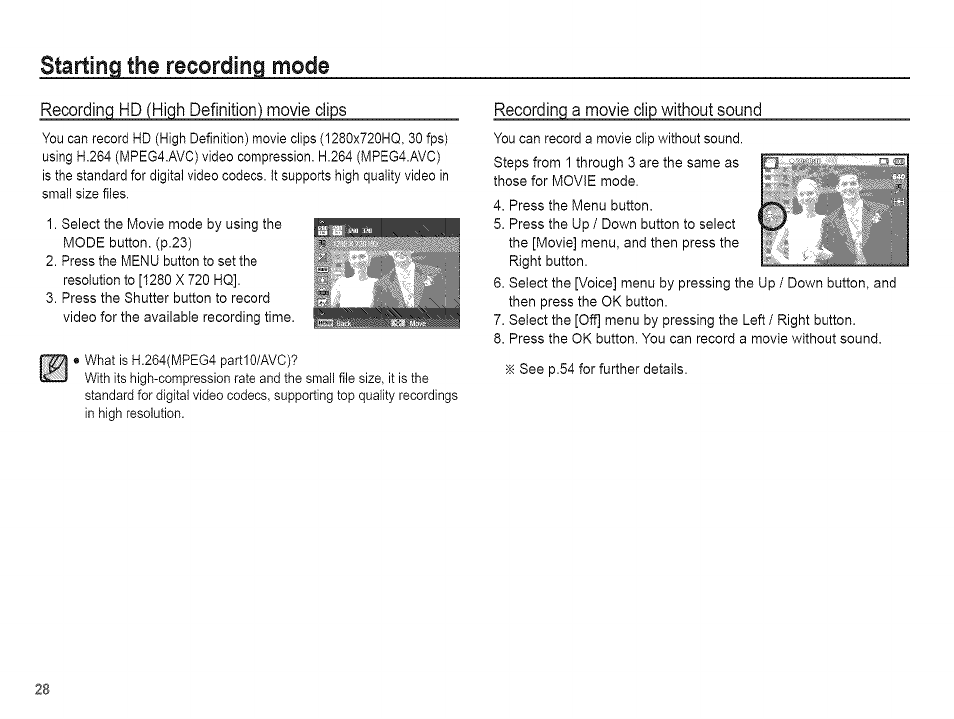 Starting the recording mode | Samsung AQ 1O0 User Manual | Page 29 / 105