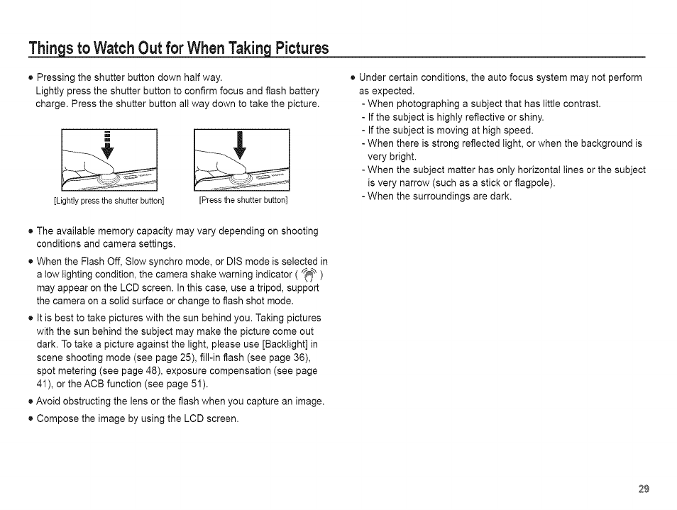 Things to watch, When, Pictures | Out for, Taking | Samsung AQ 1O0 User Manual | Page 30 / 105