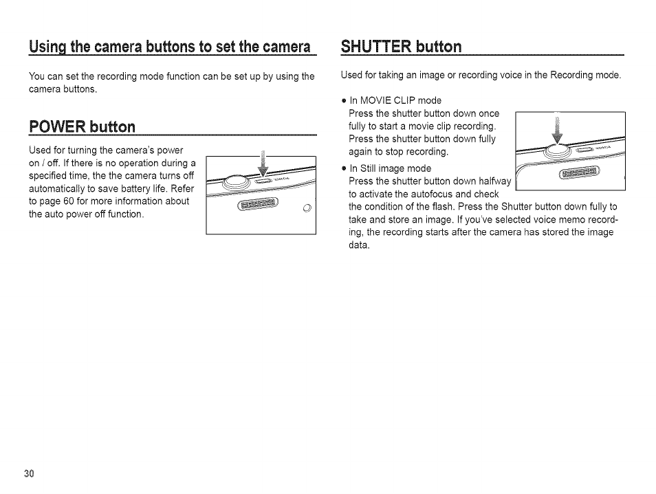 Power button, Using the camera buttons, Camera shutter button | Samsung AQ 1O0 User Manual | Page 31 / 105