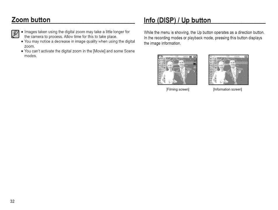 Info (disp) / up button, Info, Zoom button | Disp), Button | Samsung AQ 1O0 User Manual | Page 33 / 105