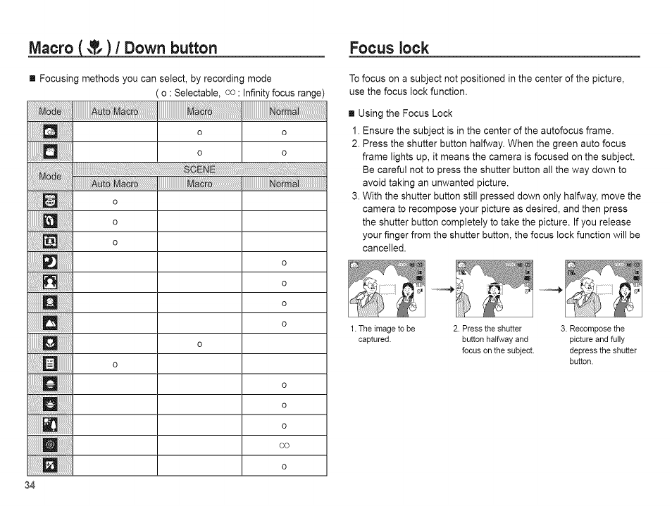 Macro is)i down button, Focus lock, I s ) i | Down, Macro, Button focus lock | Samsung AQ 1O0 User Manual | Page 35 / 105