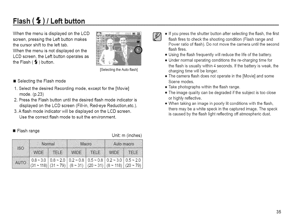 Flash ( ^ ) / left button | Samsung AQ 1O0 User Manual | Page 36 / 105