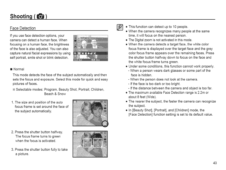 Shooting (a), Face detection | Samsung AQ 1O0 User Manual | Page 44 / 105