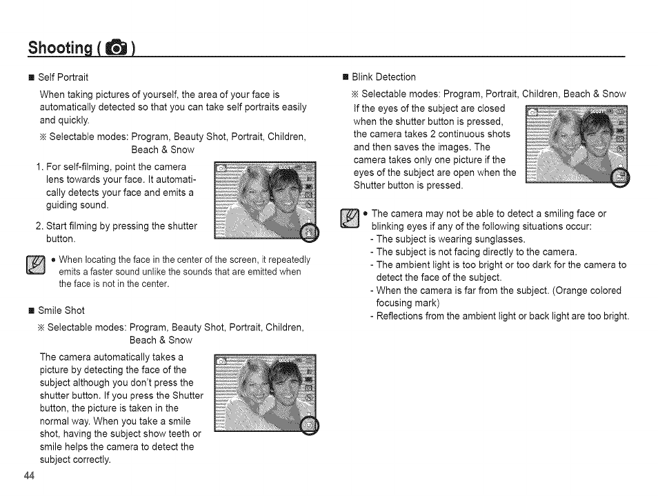 Shooting (^) | Samsung AQ 1O0 User Manual | Page 45 / 105