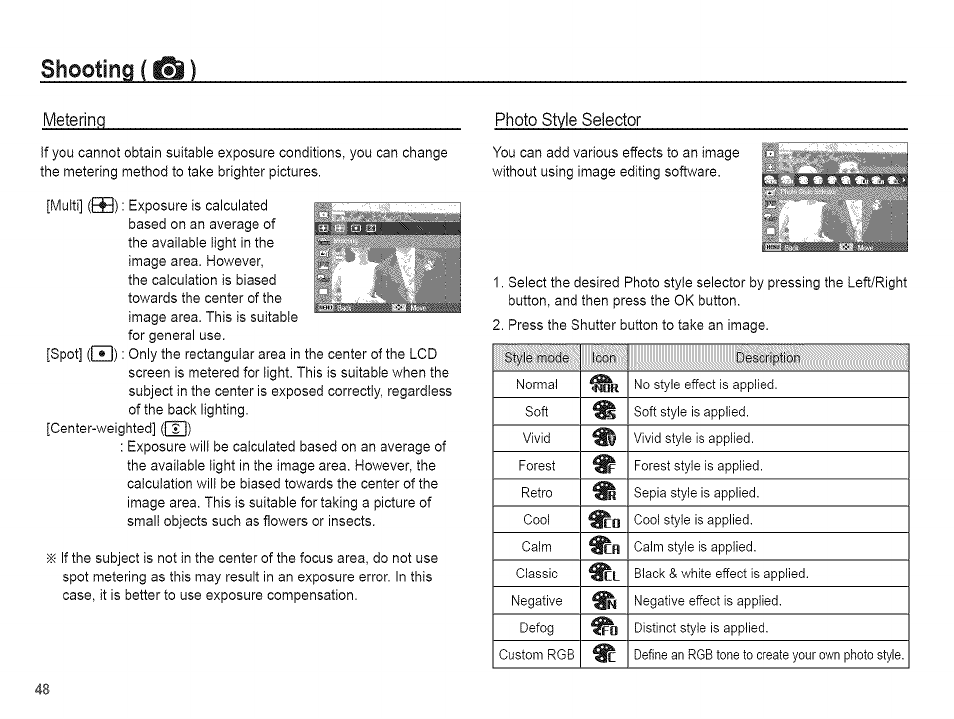 Shooting (^), Photo style selector | Samsung AQ 1O0 User Manual | Page 49 / 105