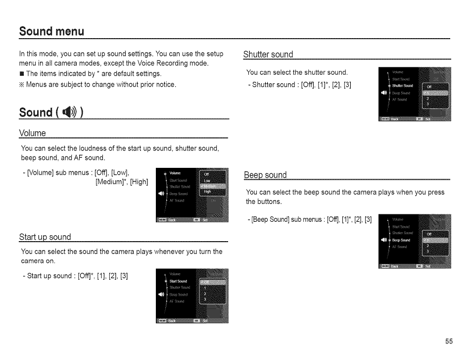 Sound menu, Sound («!>))) | Samsung AQ 1O0 User Manual | Page 56 / 105