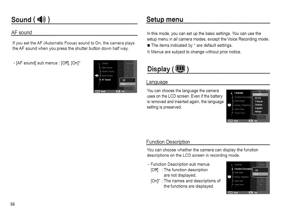 Display (hd), Sound («!>))) setup menu | Samsung AQ 1O0 User Manual | Page 57 / 105